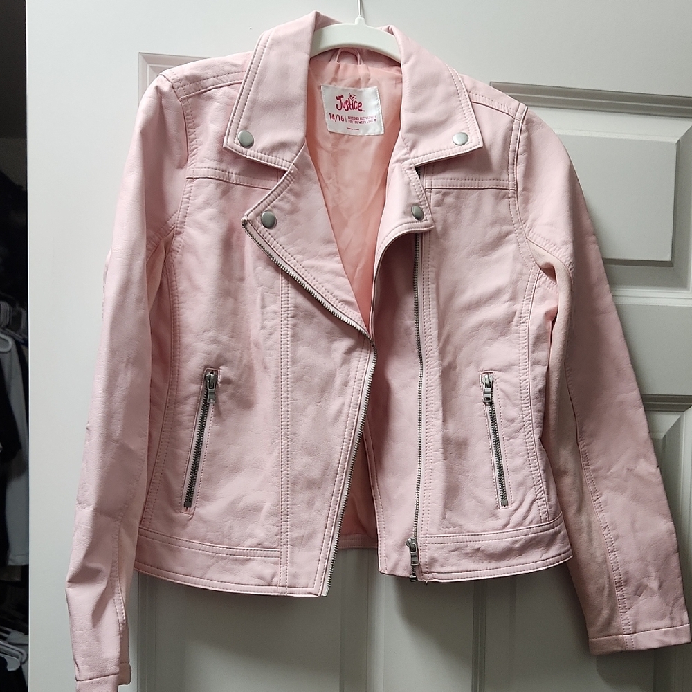 Girls Light Pink Faux Leather Jacket
